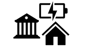 Three black icons representing a government building, a charging battery and a house on a white background.