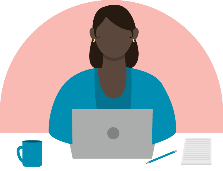 An illustration of a person seated at a computer beside a coffee mug and a notepad.